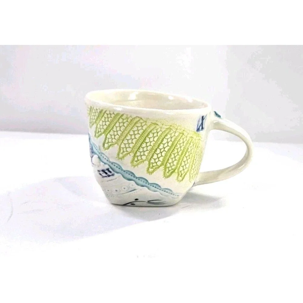 Studio Art Pottery Slab Built Coffee Tea Mug Abstract Floral Blue Green White Lg